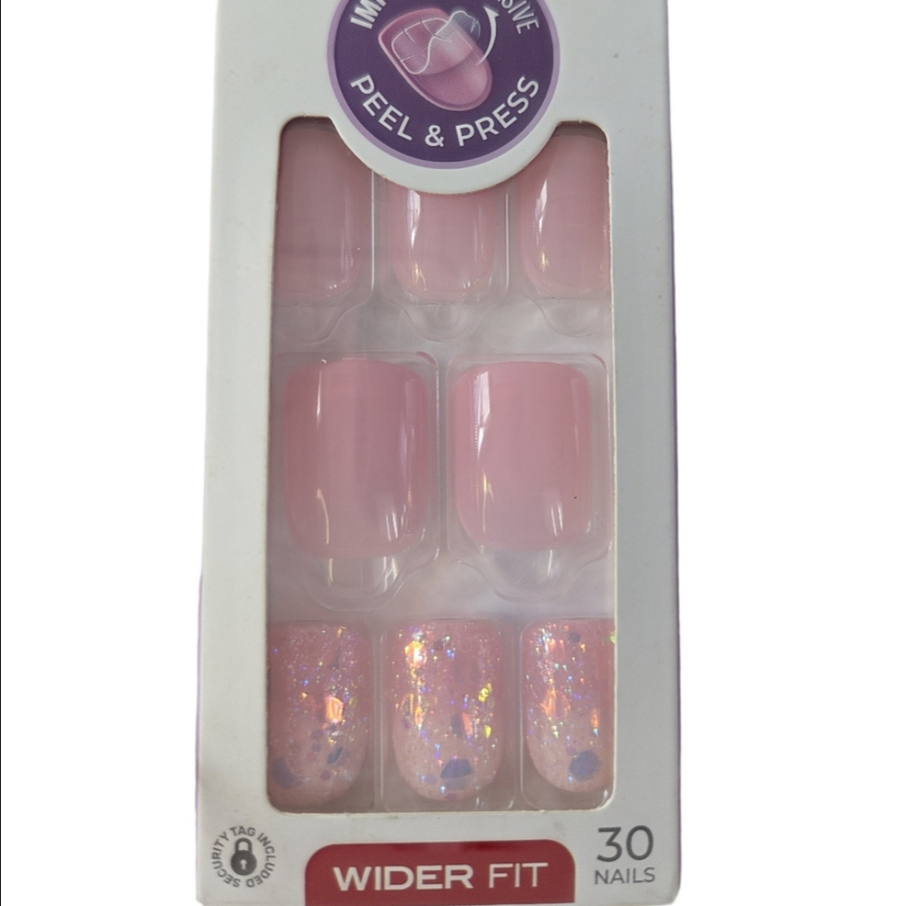Kiss imPress Baby Pink White Ombre Glitter Medium Square Wide False Nails